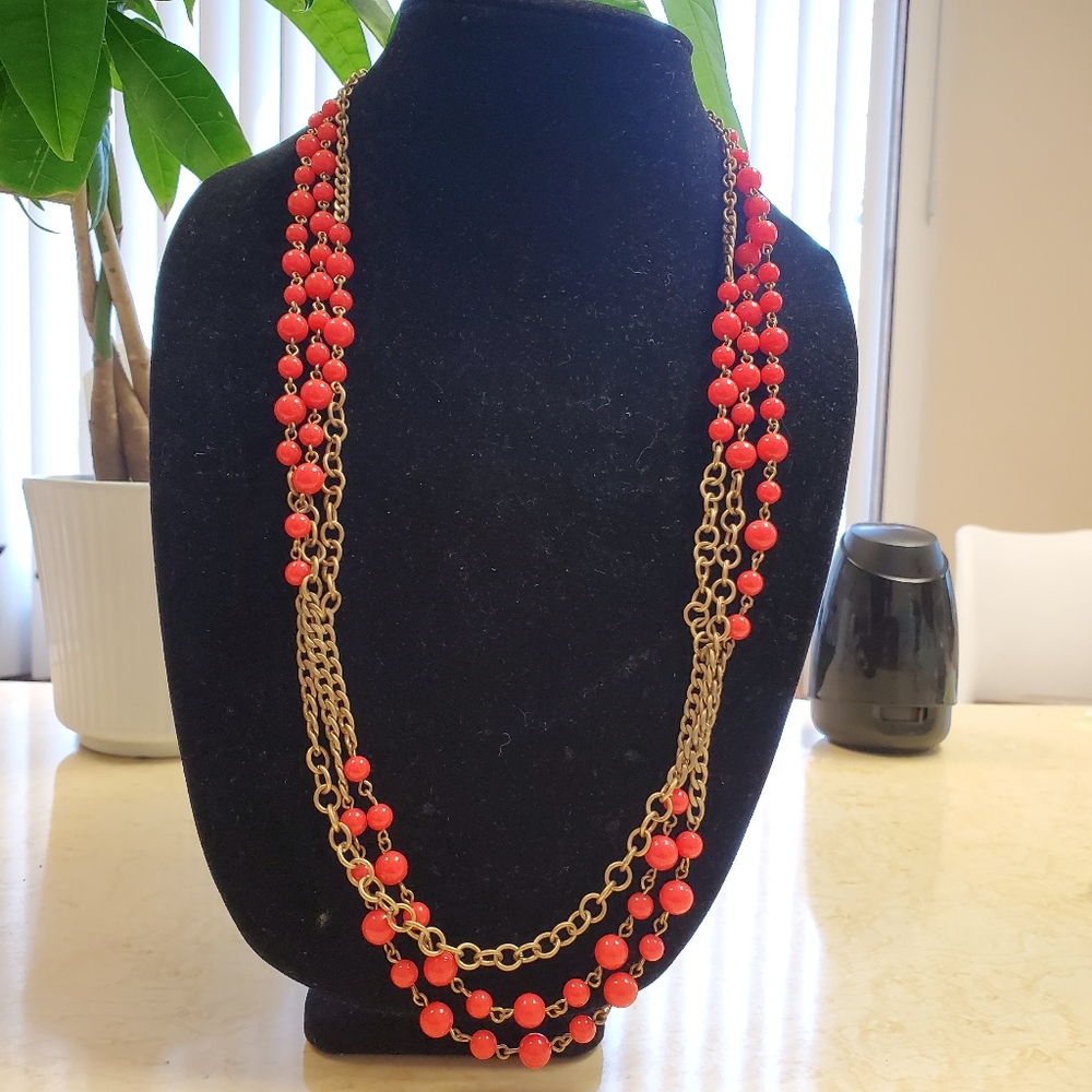 J. CREW Multi Layered Coral Bead Antique Link Chain Necklace 30"